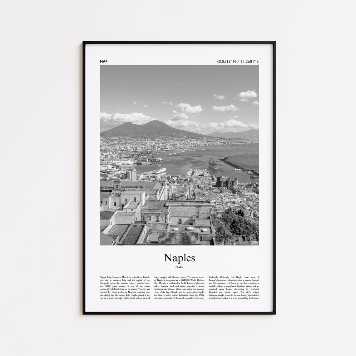 Naples Harbor and Mount Vesuvius Black and White Photo Poster