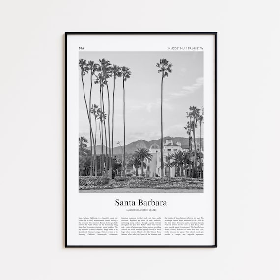 Santa Barbara California Palm Trees Mission Black And White Poster