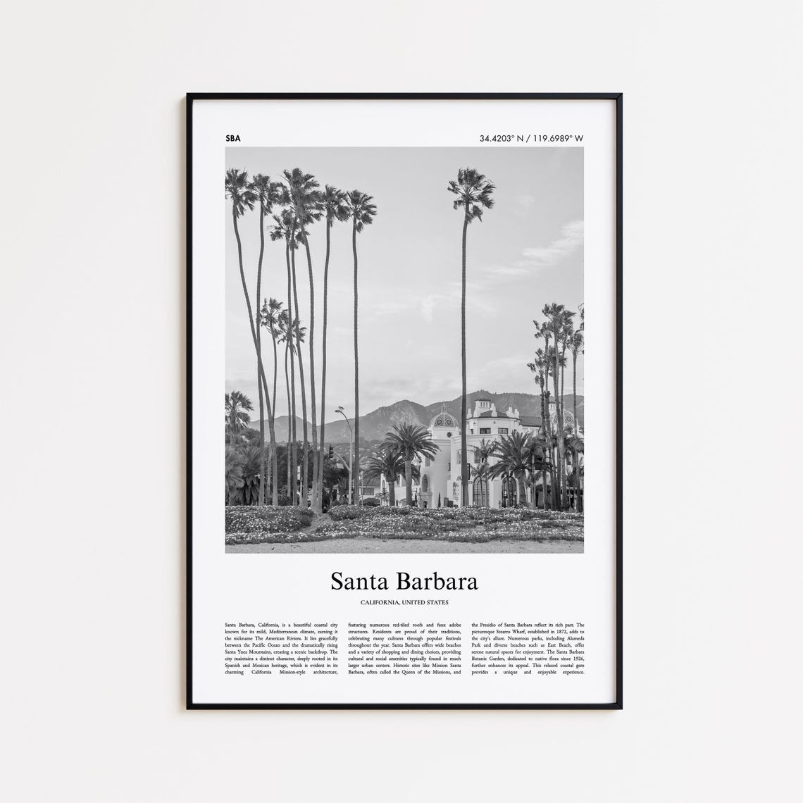 Santa Barbara California Palm Trees Mission Black And White Poster