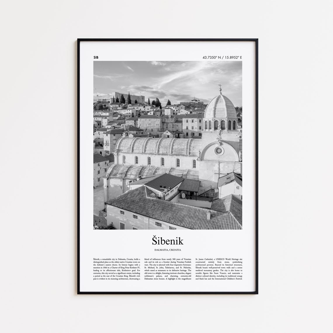Šibenik Croatia Black and White Photo Travel Poster with Old Cathedral