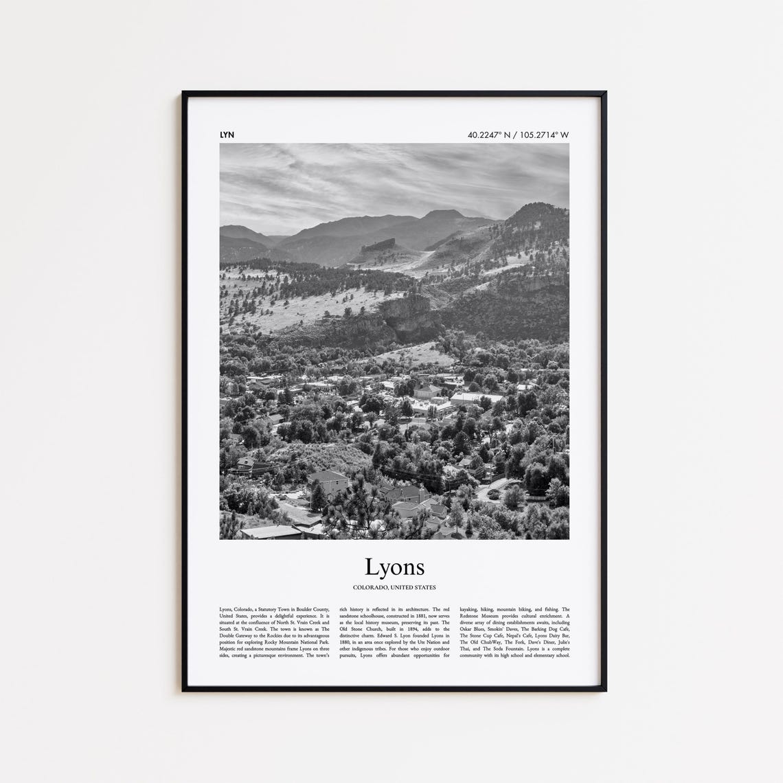 Lyons Colorado Black and White Mountain Town Aerial Travel Poster