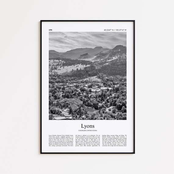 Lyons Colorado Black and White Mountain Town Aerial Travel Poster
