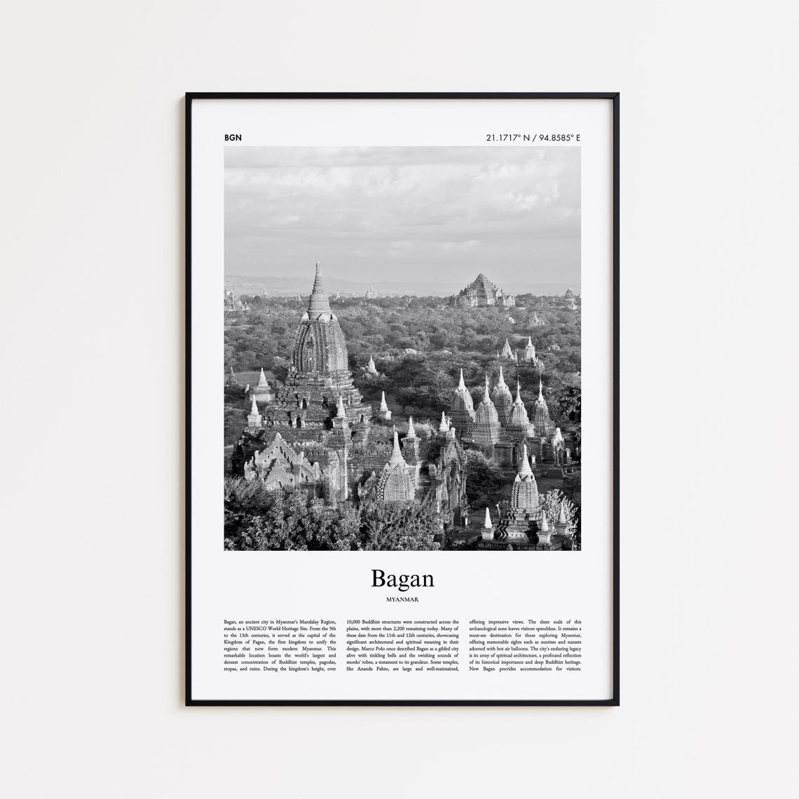 Bagan Ancient Temple Skyline Black And White Minimal Photo Poster