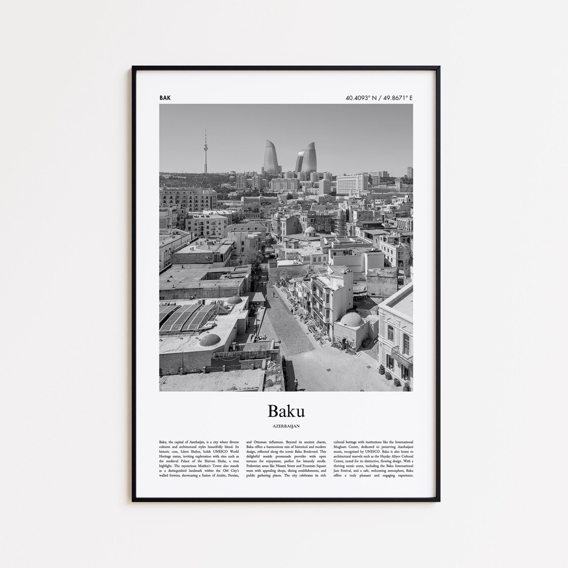 Baku Old City Flame Towers Black And White Minimal Travel Photo Poster