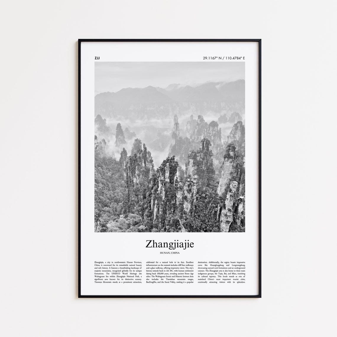 Zhangjiajie Misty Stone Forest Peaks Black And White Photo Poster