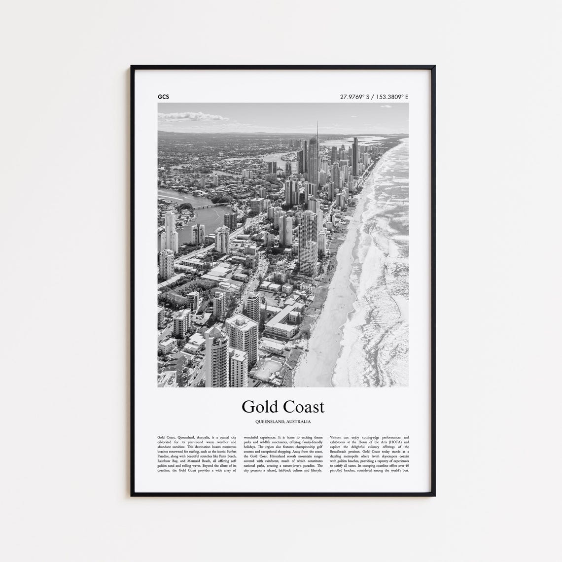 Gold Coast Beachfront Skyline Aerial Black and White Travel Poster