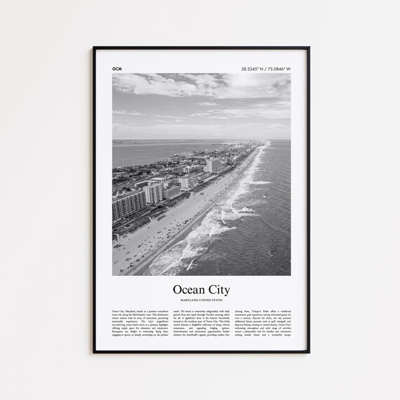 Ocean City Maryland Beach Aerial Black and White Travel Poster