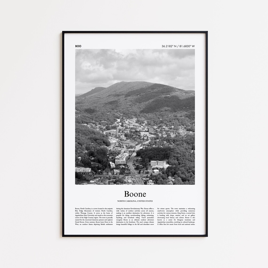 Boone North Carolina Blue Ridge Mountains Black White Travel Poster