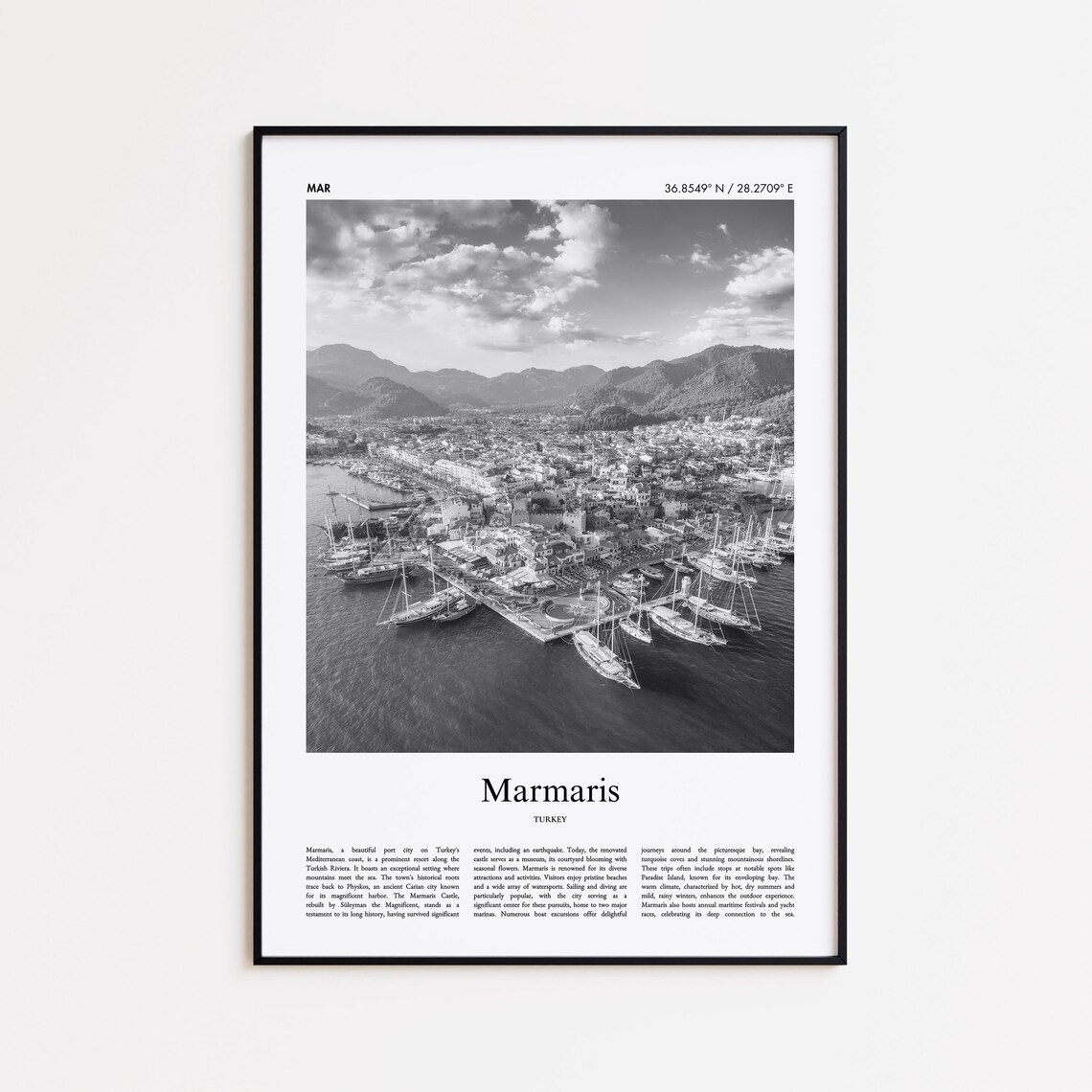 Marmaris Turkey Black And White Marina Photo Minimal Travel Poster