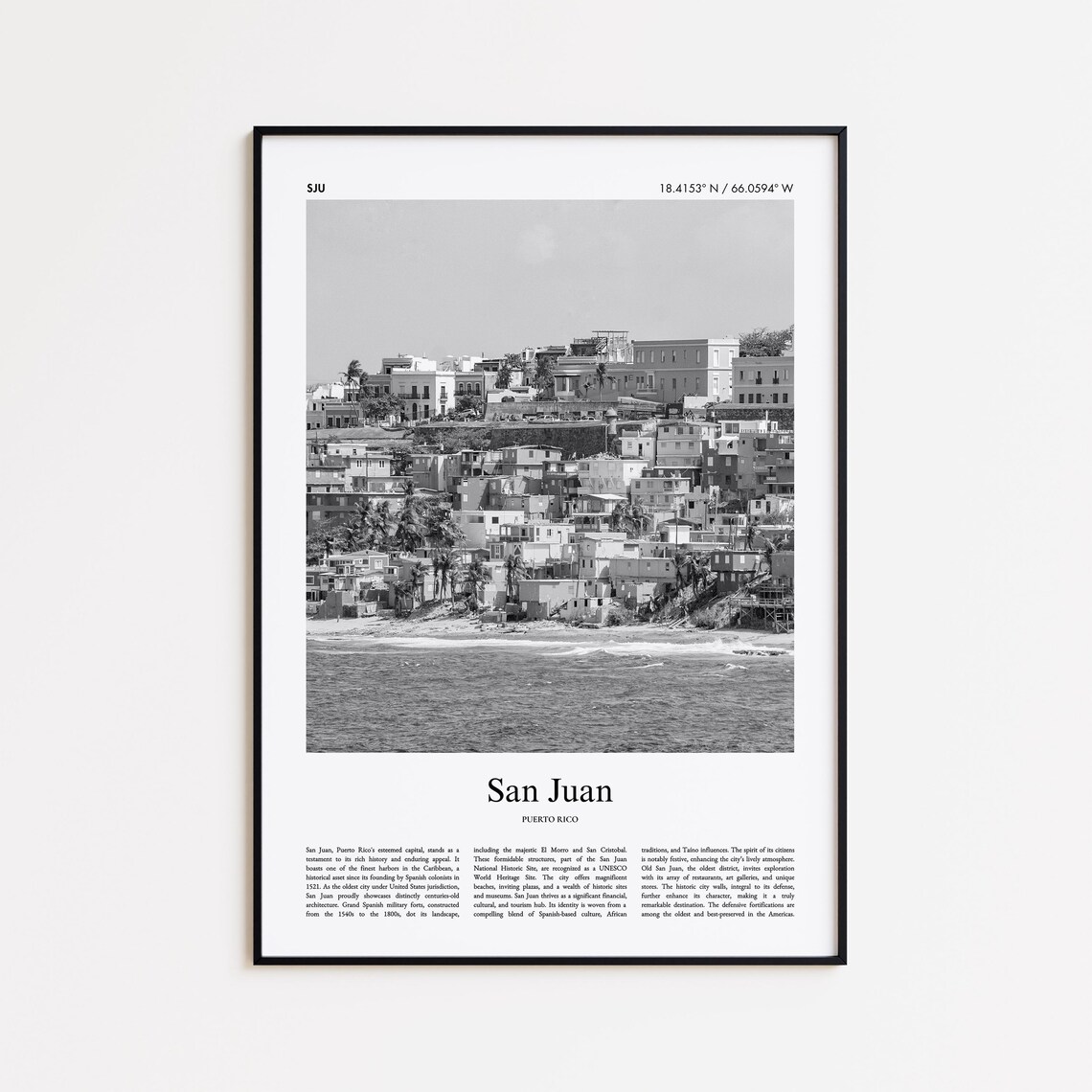 San Juan Black White Photo Travel Poster Puerto Rico Old City Decor