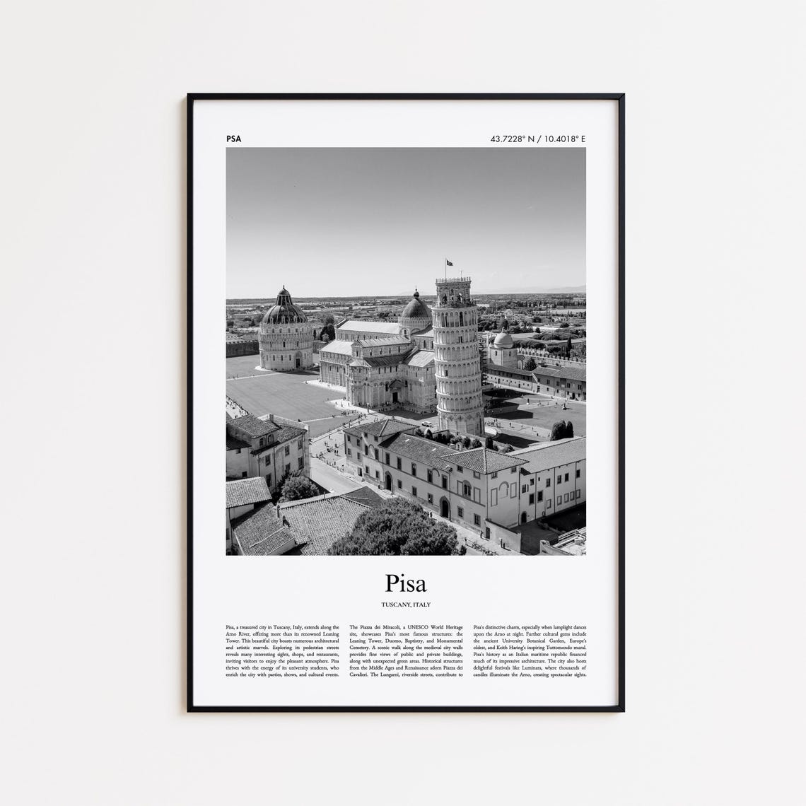 Pisa Italy Leaning Tower Cathedral Square Black White Photo Poster