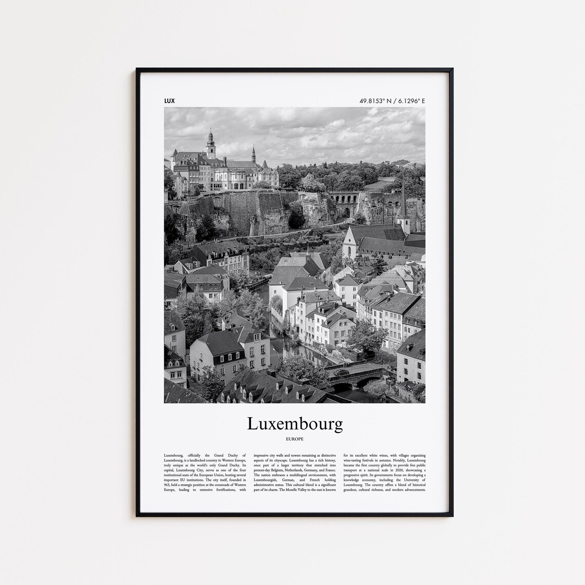 Luxembourg Old Town Black and White Photo Poster Europe City View Art