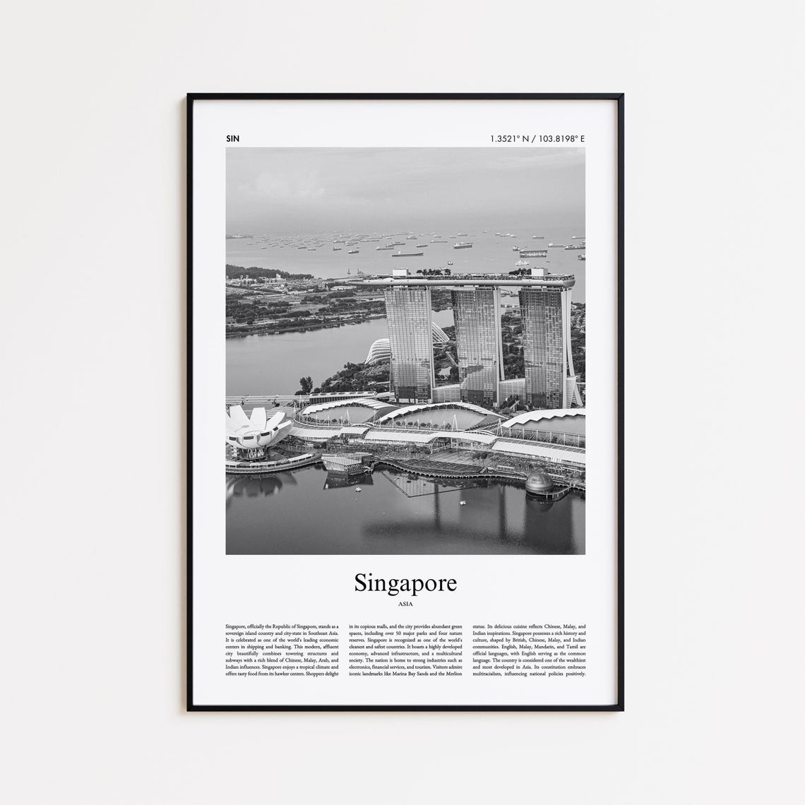 Singapore Marina Bay Sands Waterfront Black And White Travel Poster