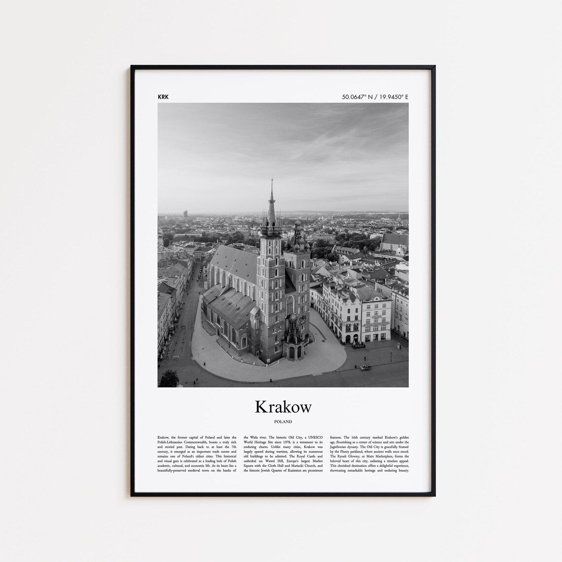 Krakow Poland St Mary Church Old Town Black And White Travel Poster