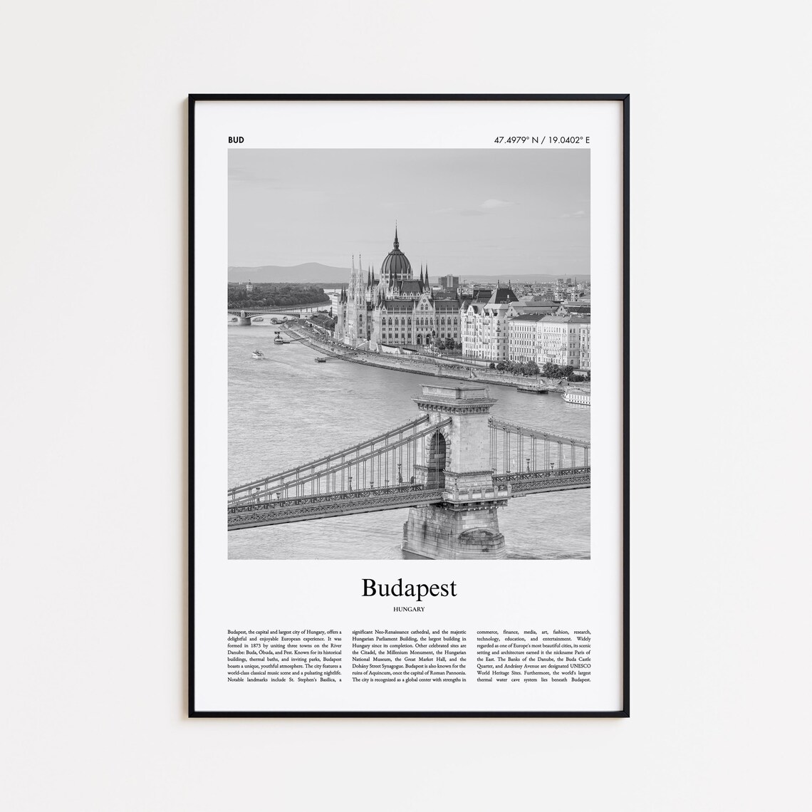 Budapest Hungary Black and White Photo Travel Poster with Parliament