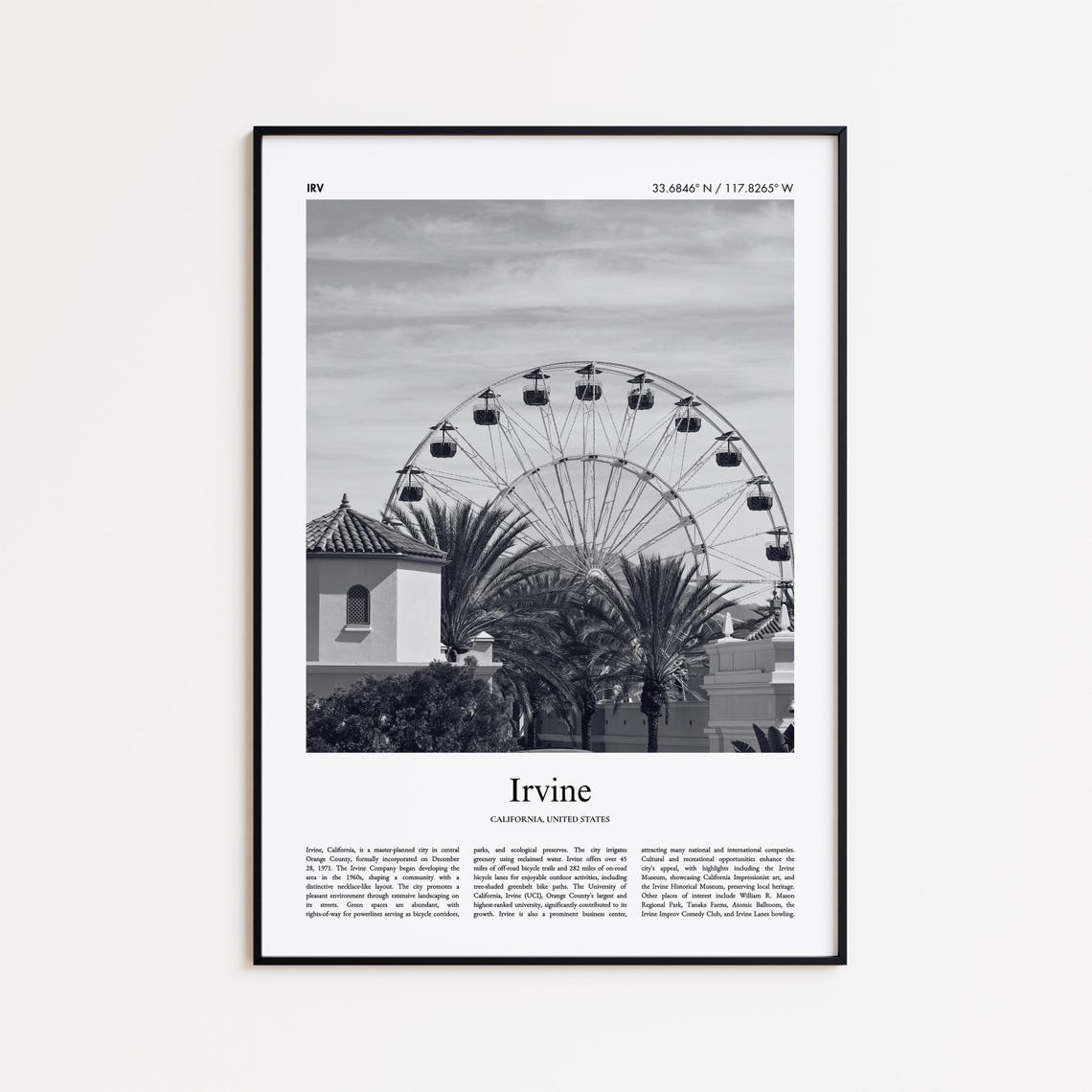 Irvine California Black And White Ferris Wheel Photo Poster Art