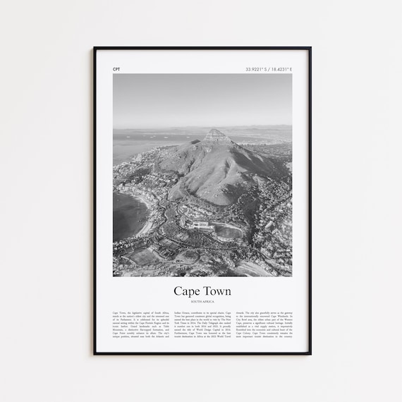 Cape Town South Africa Aerial Mountain Coast Black and White Travel Poster
