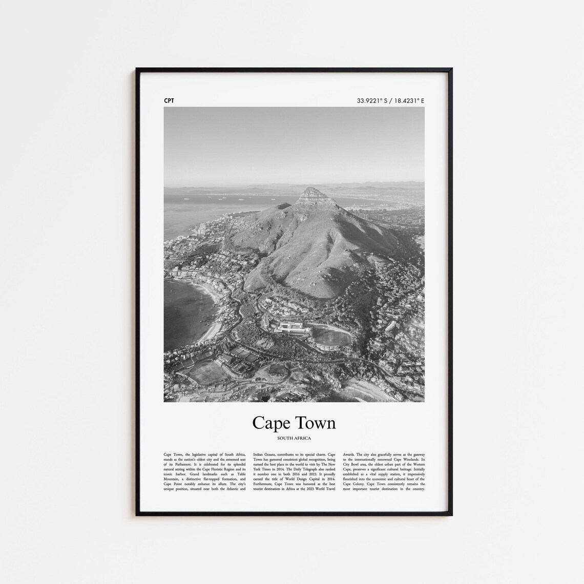 Cape Town South Africa Aerial Mountain Coast Black and White Travel Poster