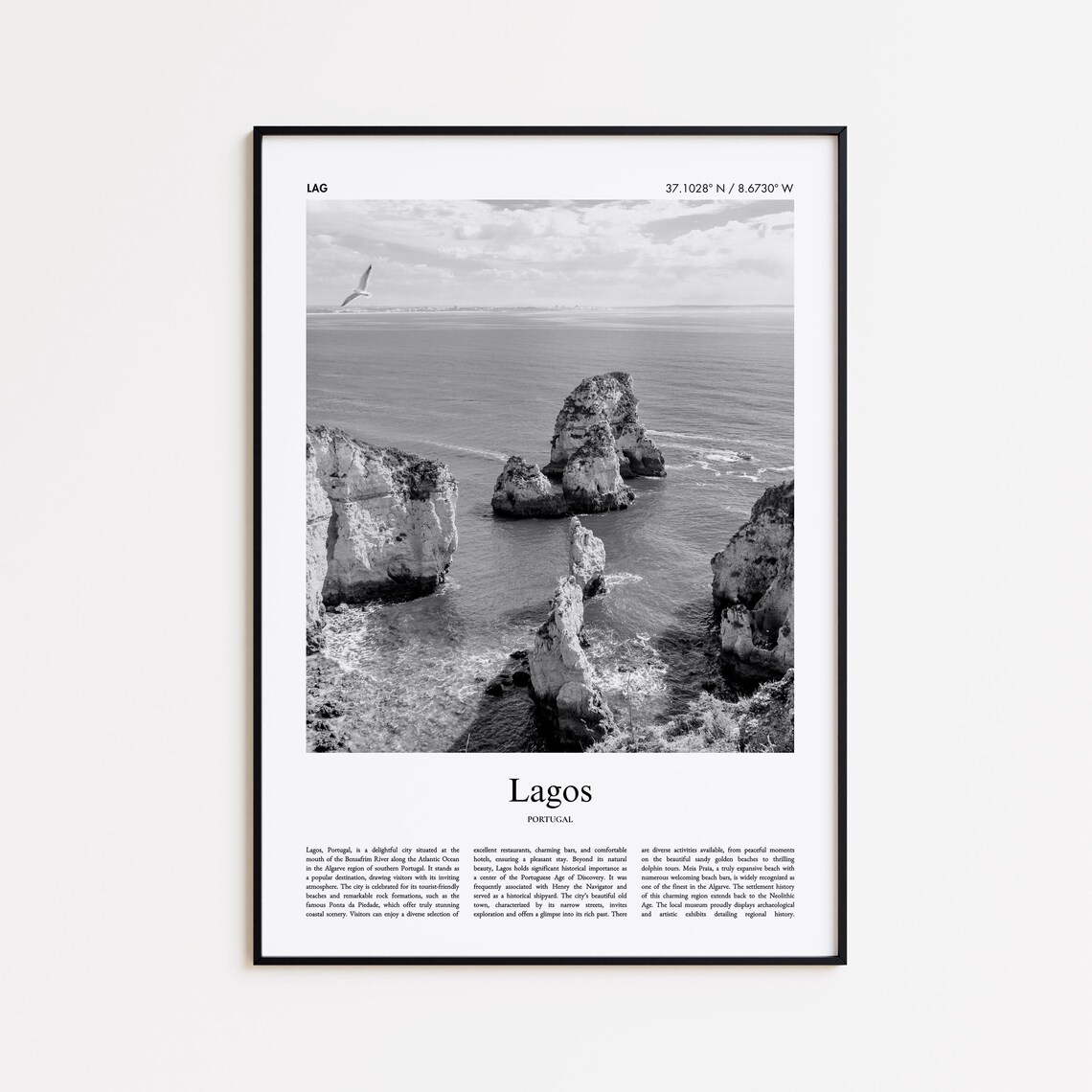 Lagos Portugal Black and White Sea Cliffs Coast Photo Travel Poster