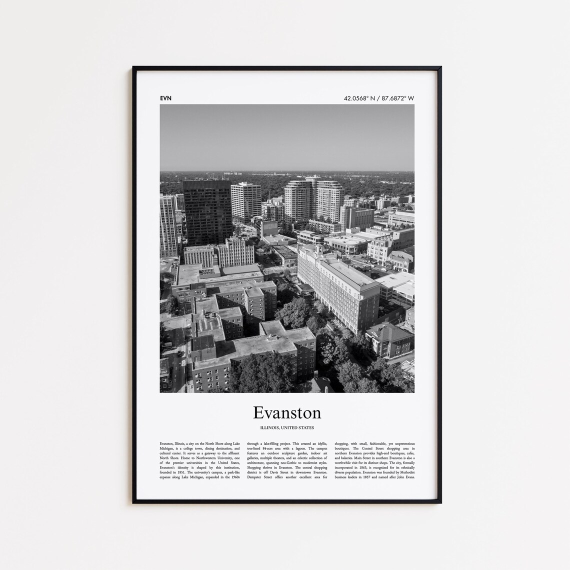 Evanston Illinois Black and White Photo Travel Poster Cityscape Art