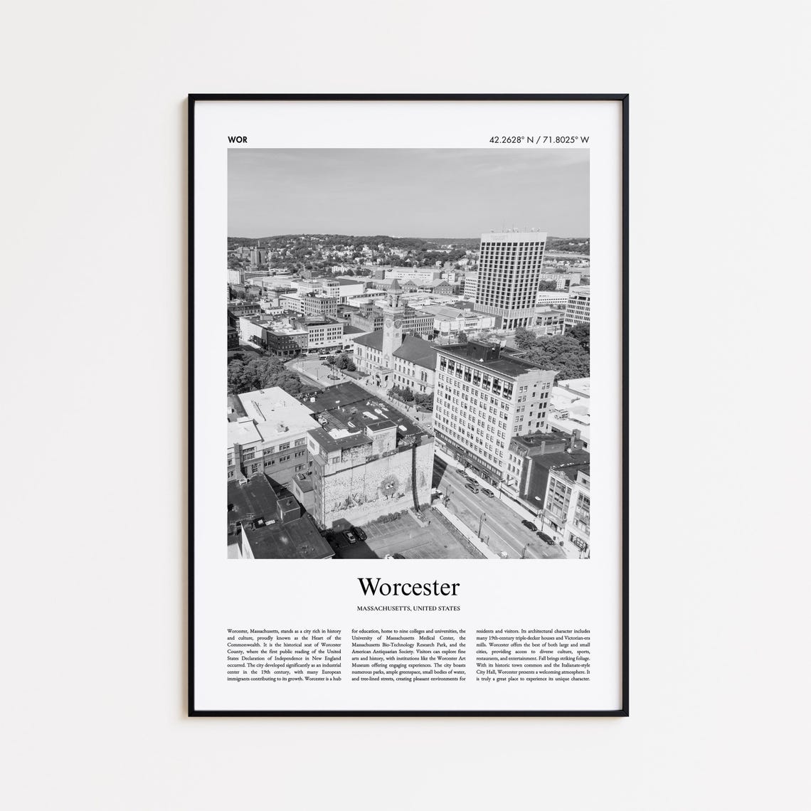 Worcester Massachusetts Downtown Black And White Photo Poster