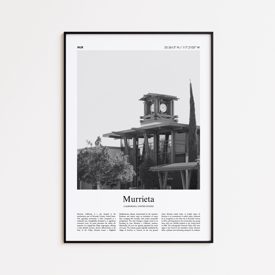 Murrieta California Black And White Clock Tower Photography Poster