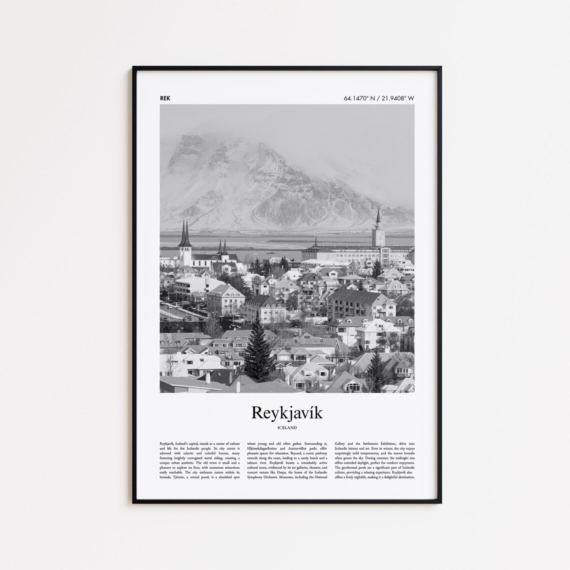 Reykjavík Iceland Black And White Mountain City Photo Poster