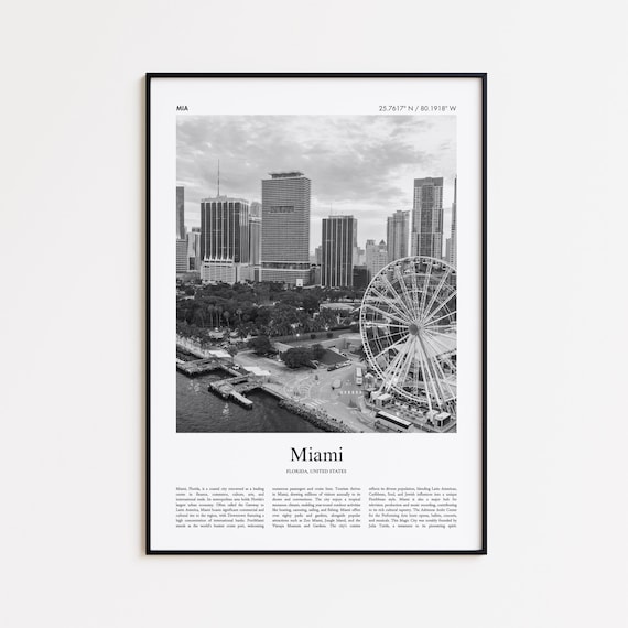 Miami Florida Skyline Ferris Wheel Black and White Travel Poster
