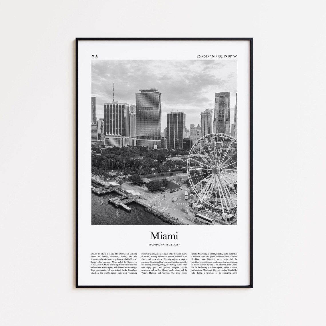 Miami Florida Skyline Ferris Wheel Black and White Travel Poster