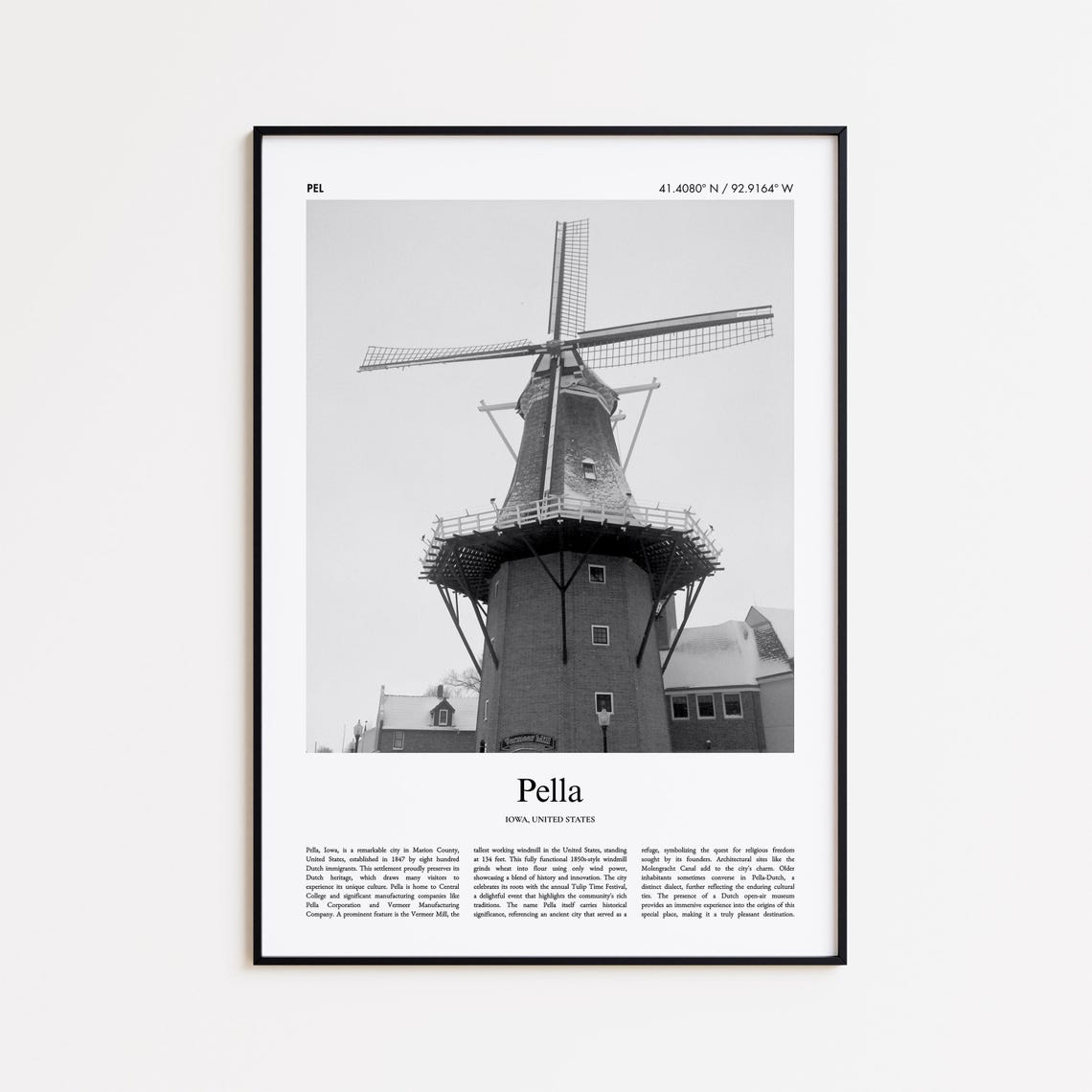 Pella Iowa Vermeer Mill Windmill Black and White Photo Poster