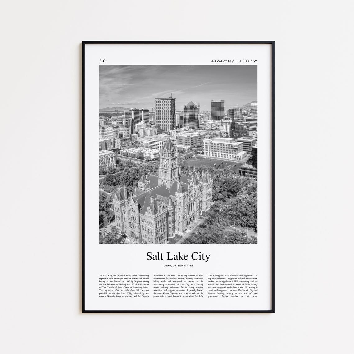 Salt Lake City Utah Skyline Black and White Travel Photo Poster