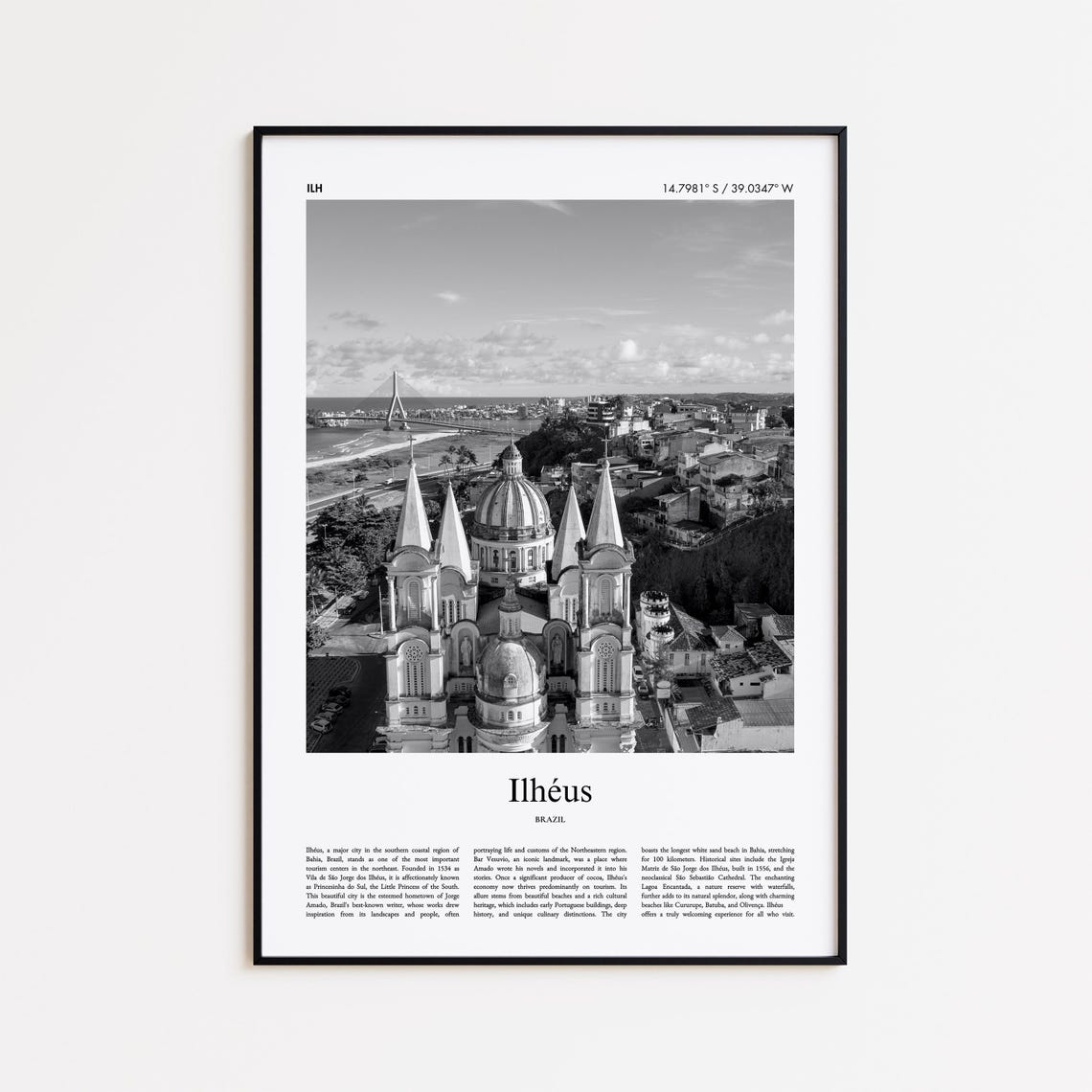 Ilheus Brazil Black and White Cathedral Coast Photo Travel Poster