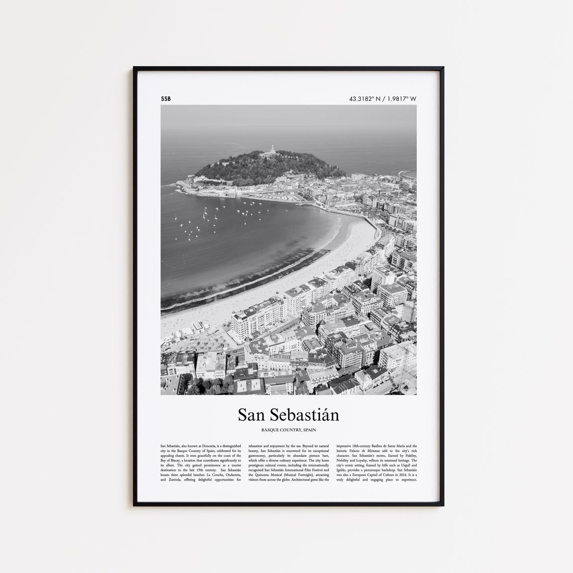 San Sebastian Spain Black and White Aerial Coastal Photo Poster