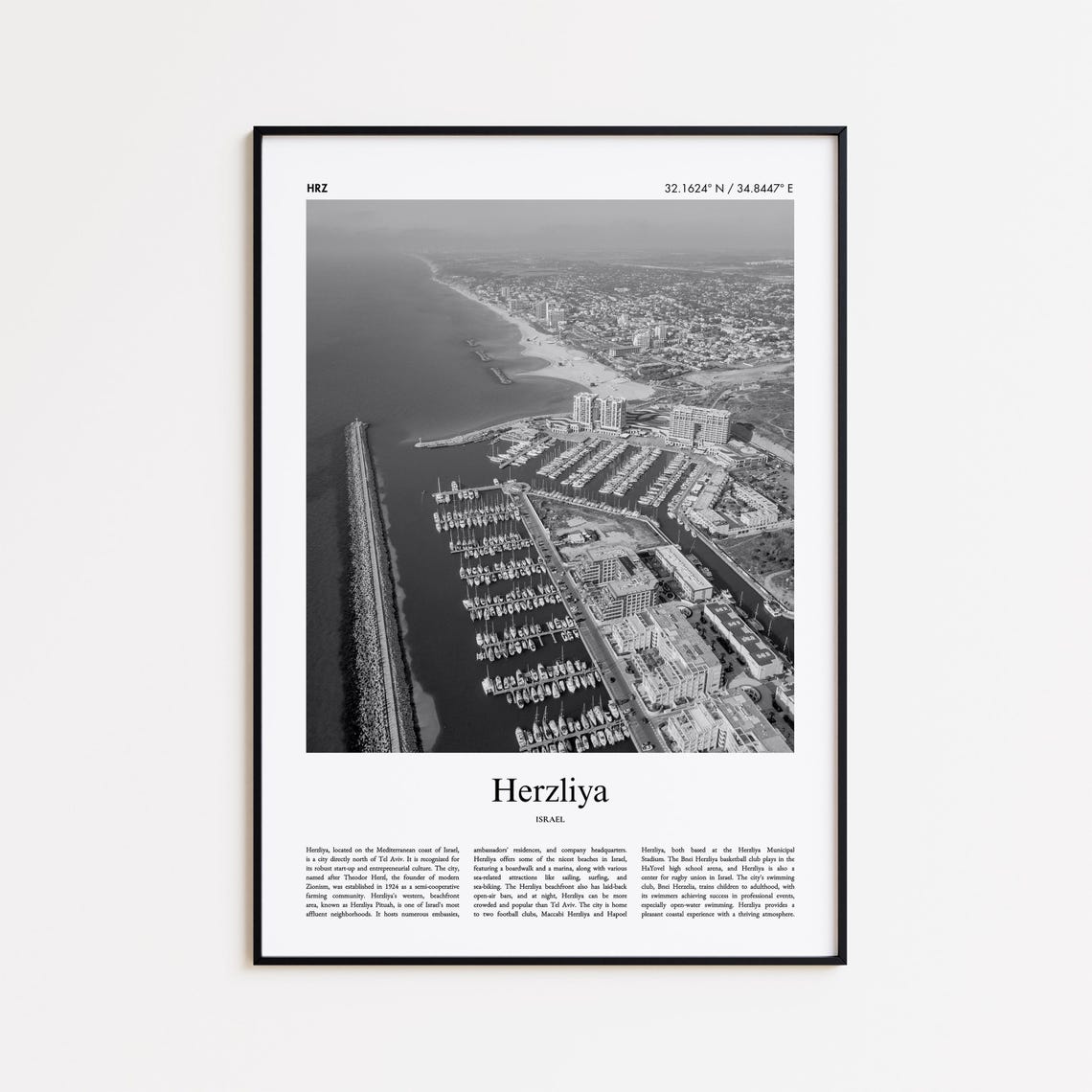 Herzliya Israel Black and White Marina Aerial Photo Travel Poster