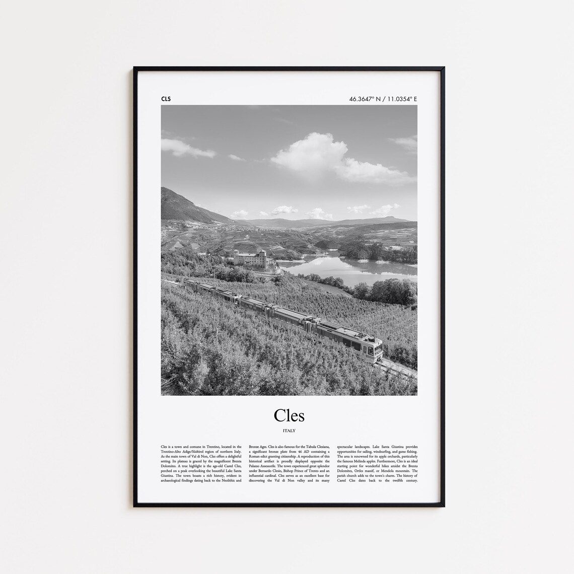 Cles Italy Black and White Alpine Valley Photography Travel Poster