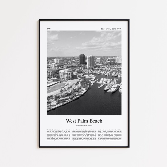 West Palm Beach City Florida Black White Marina Skyline Poster