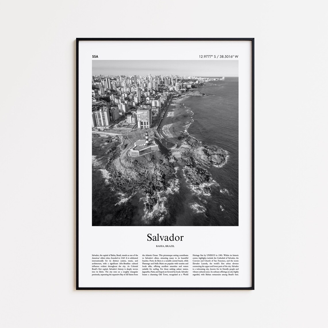 Salvador Bahia Brazil Black And White Coastal Skyline Photo Poster