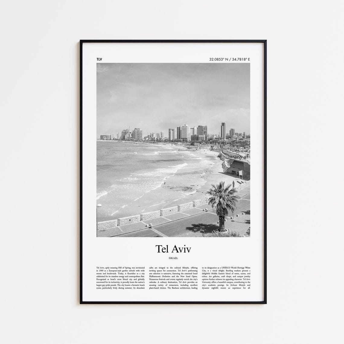 Tel Aviv Israel Mediterranean Beach Black And White Photo Poster
