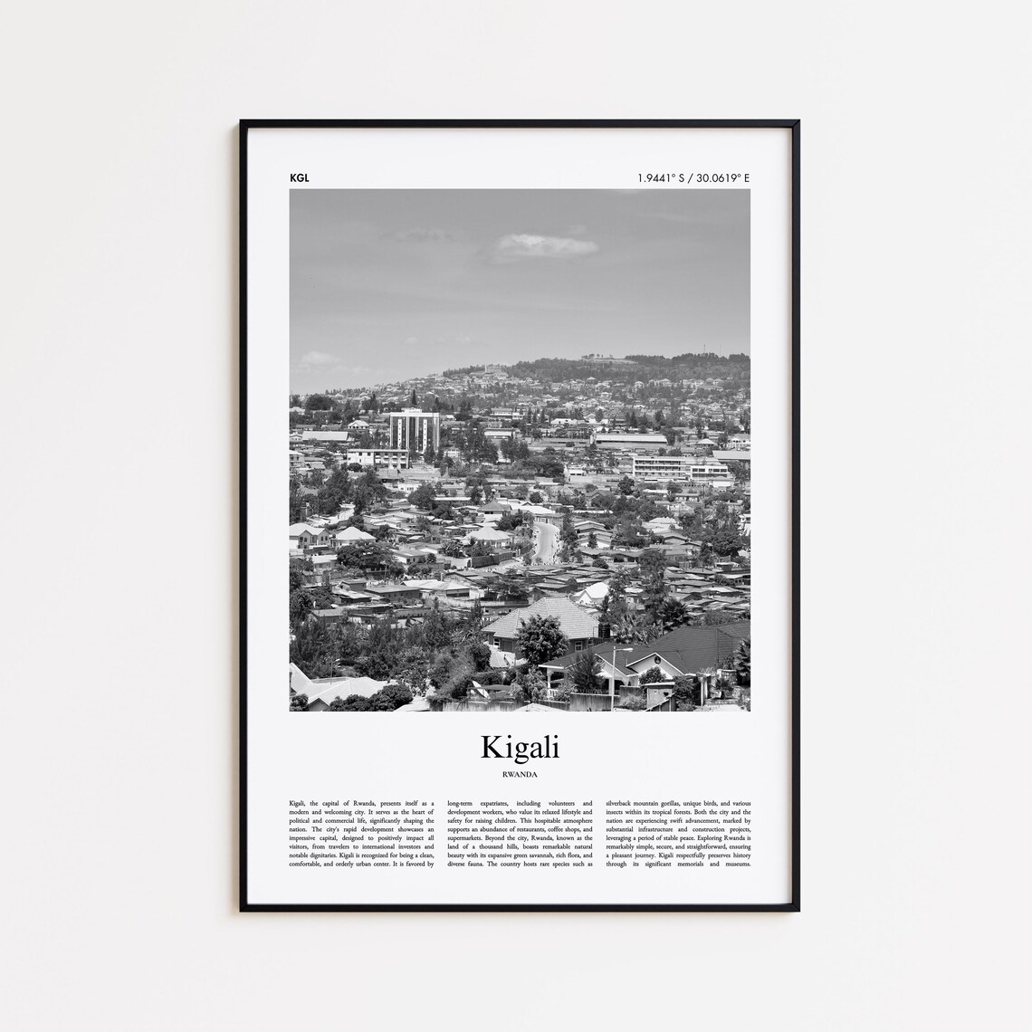 Kigali Rwanda Cityscape Black and White African Capital Travel Poster