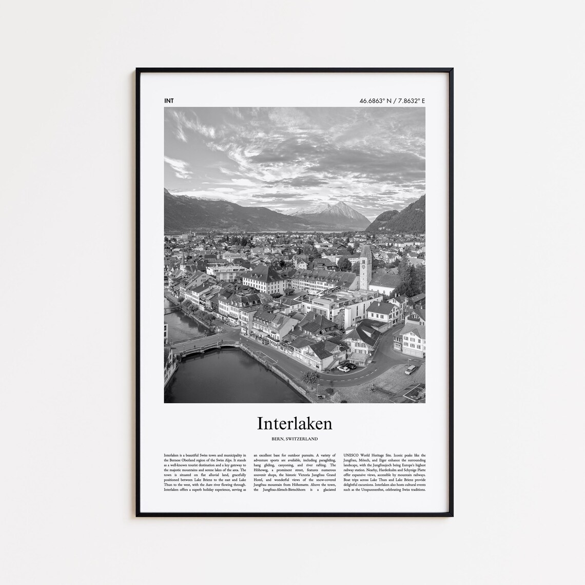 Interlaken Bern Switzerland Black and White Alpine Town Photo Poster