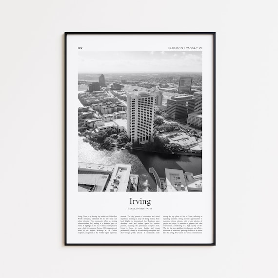 Irving Texas Cityscape Lake View Black and White Travel Poster
