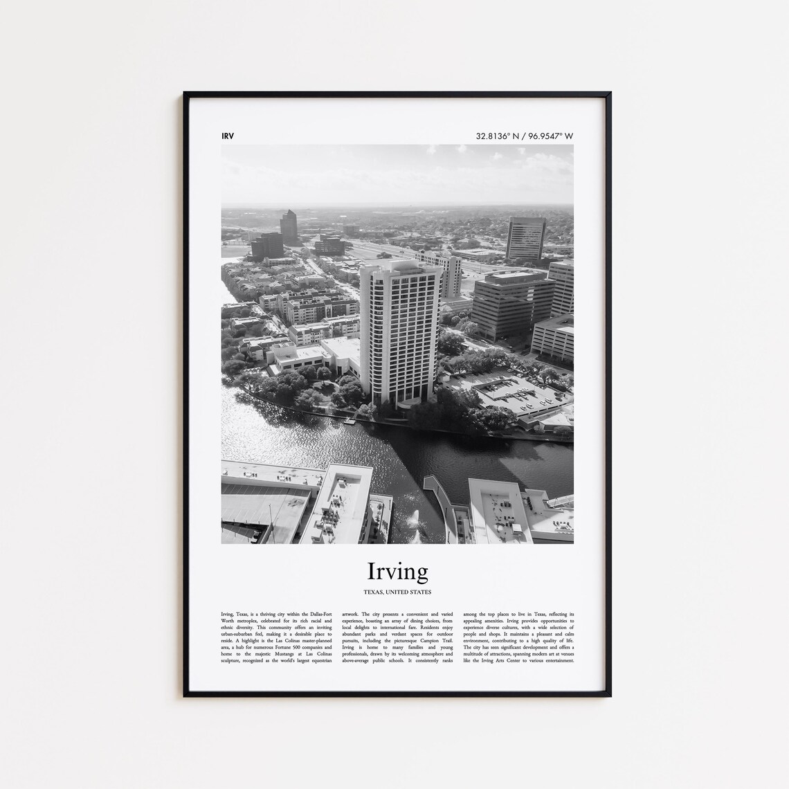 Irving Texas Cityscape Lake View Black and White Travel Poster