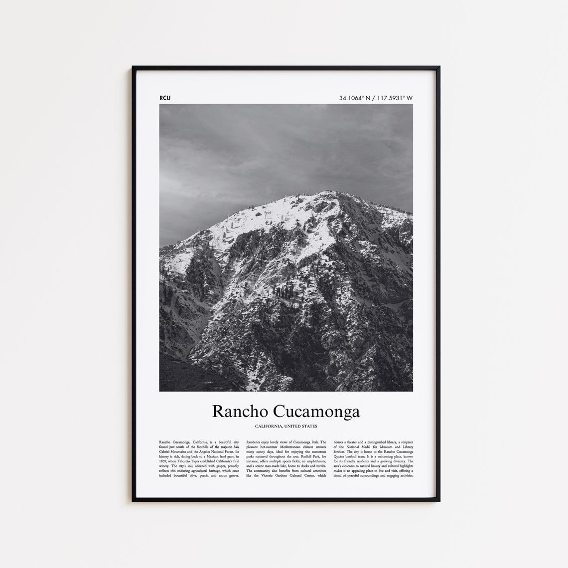 Rancho Cucamonga Black and White Snowy Mountain Photo Poster