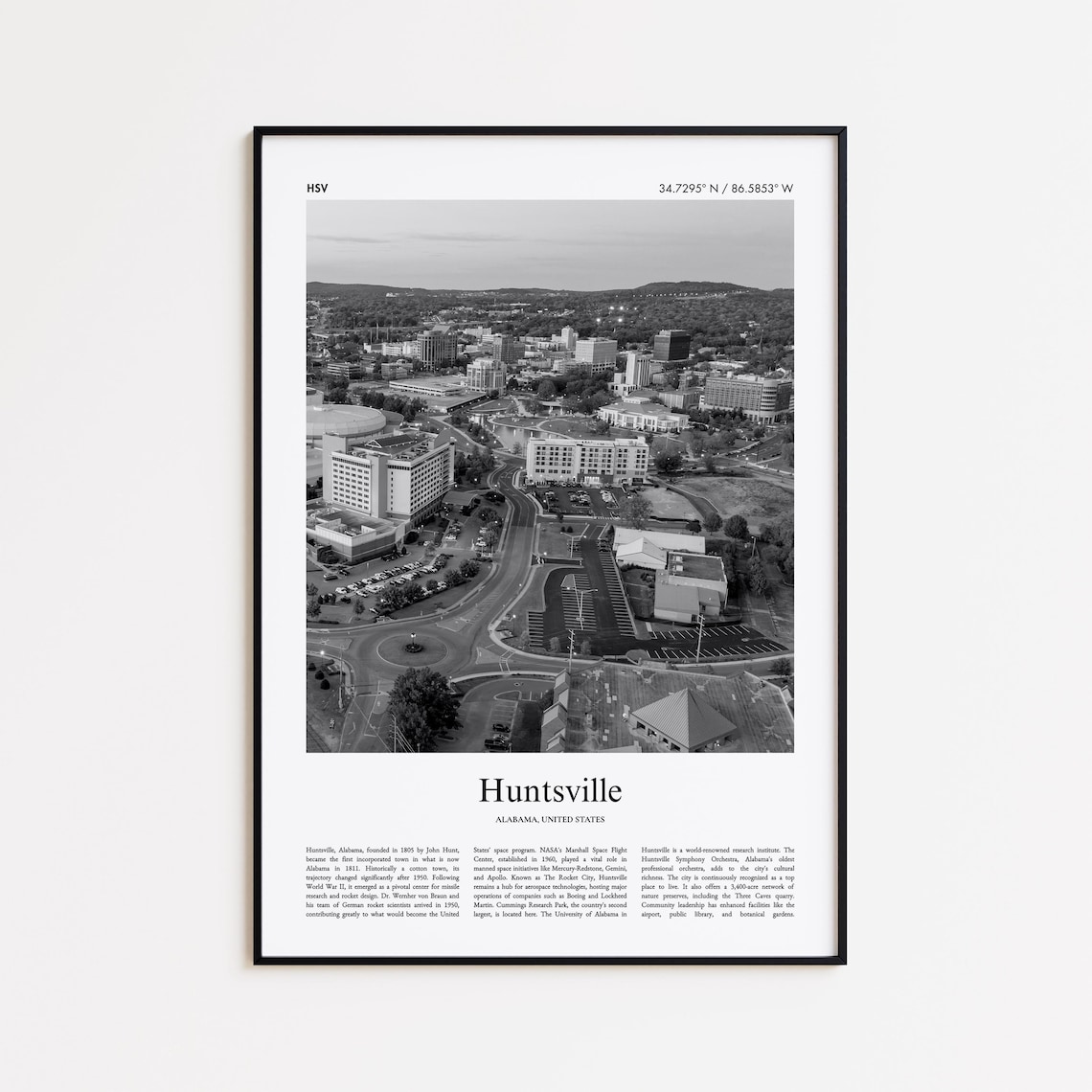 Huntsville Alabama Black and White Aerial Downtown Travel Poster