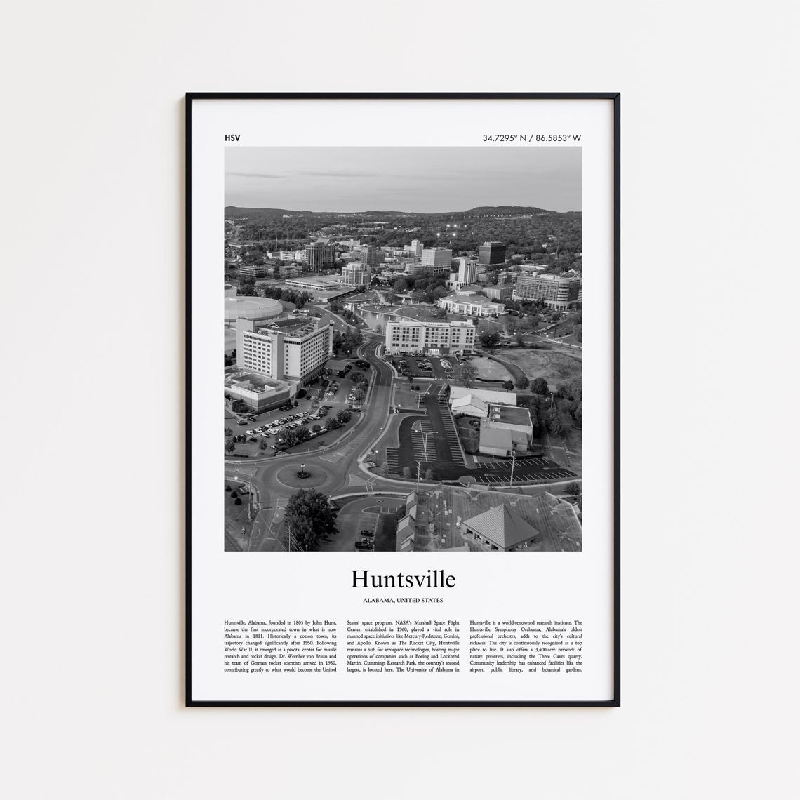 Huntsville Black And White Print Photo Poster Travel Gift Alabama United States Usa Wall Art