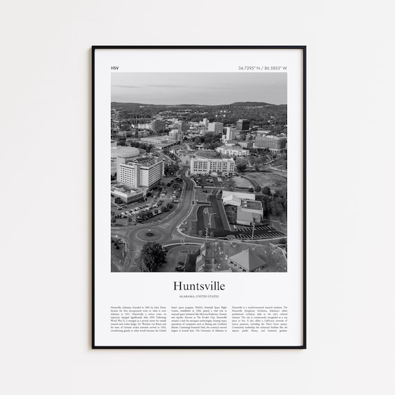 Huntsville Alabama Black and White Aerial Downtown Travel Poster