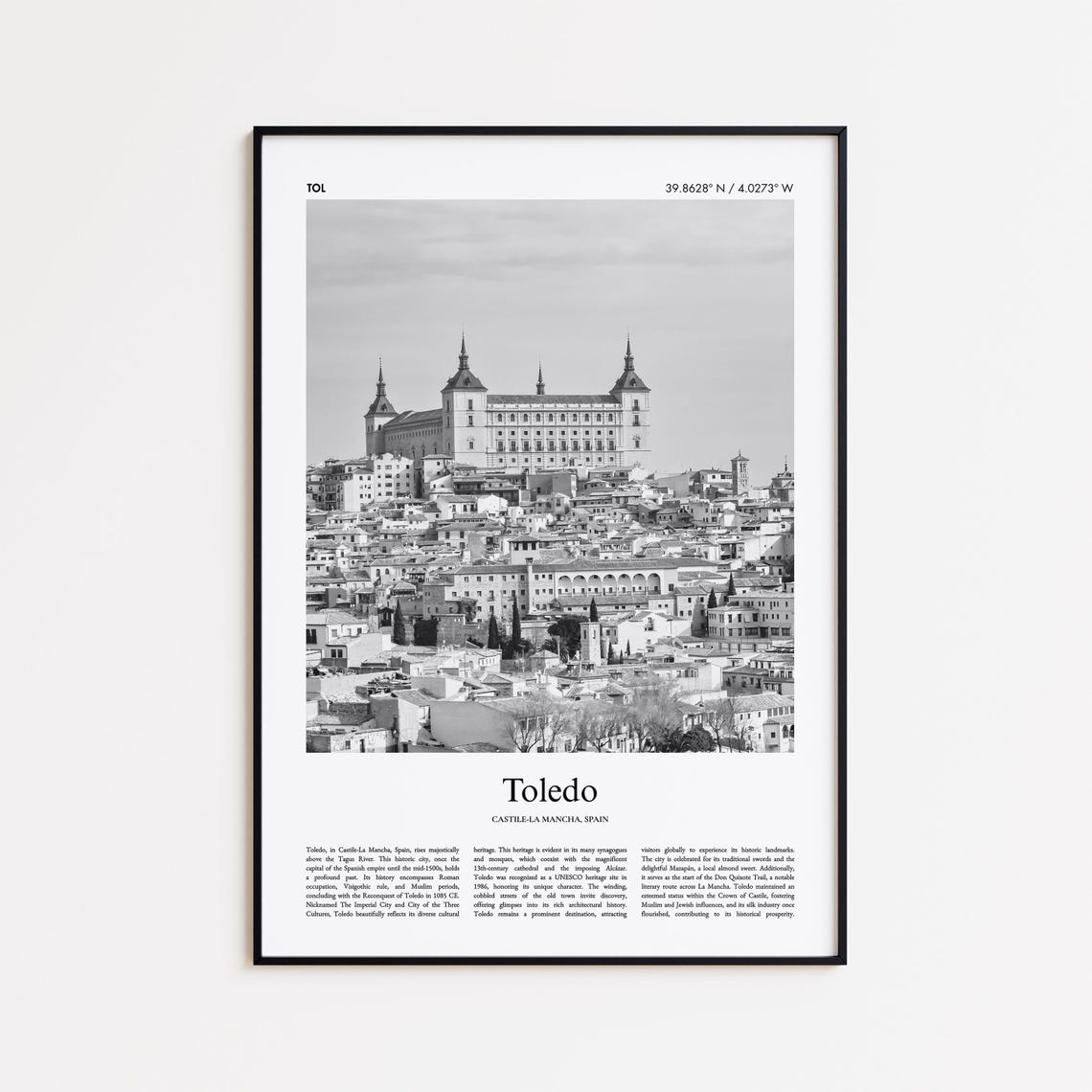 Toledo Spain Black and White Historic Cityscape Photo Poster