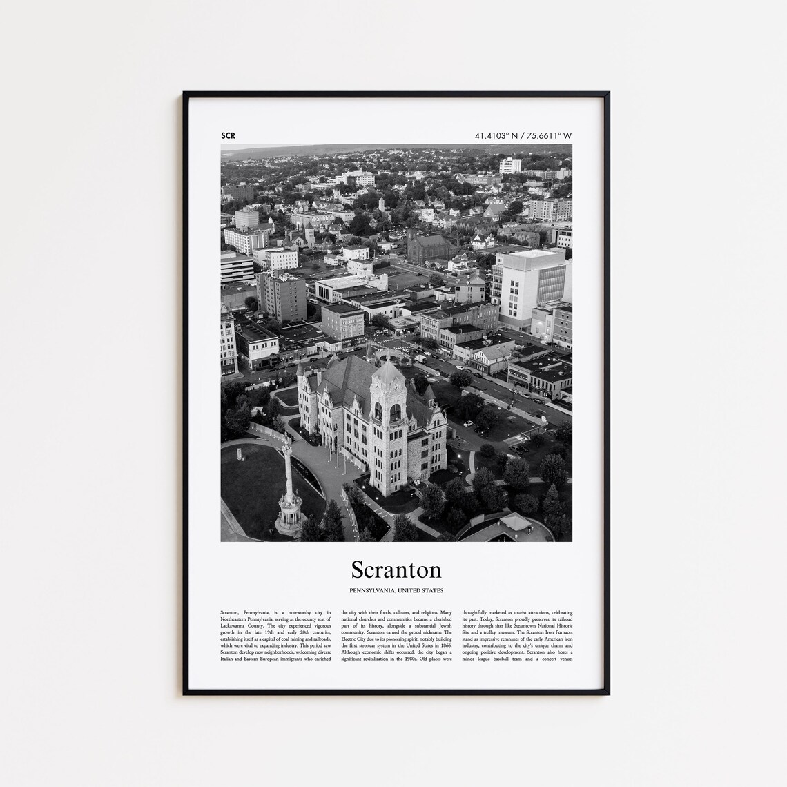 Scranton Pennsylvania Aerial Cityscape Black And White Travel Poster