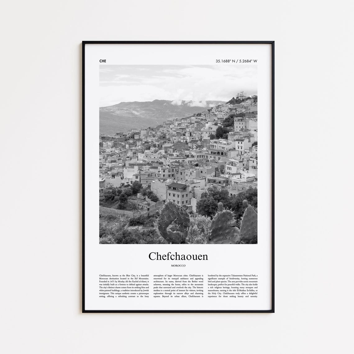 Chefchaouen Morocco Blue City Hillside Black and White Travel Poster