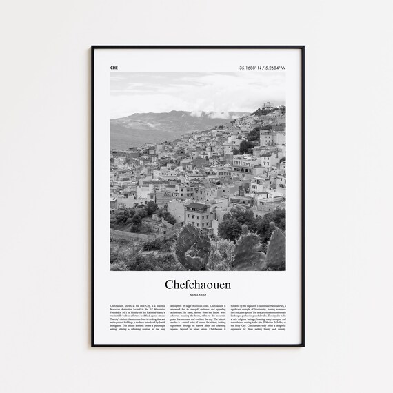 Chefchaouen Morocco Blue City Hillside Black and White Travel Poster